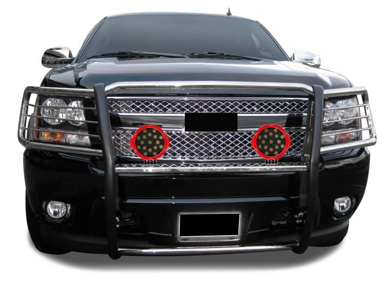 Black Horse Off Road Grille Guard With Set of 7.0" Red Trim Rings LED Flood Lights Stainless Steel for Avalanche/Suburban 1500/Tahoe - 17A037400MSS-PLR