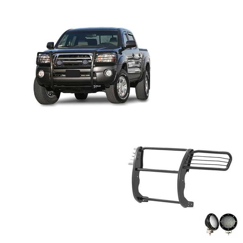 Black Horse Off Road Grille Guard With Set of 5.3".Black Trim Rings LED Flood Lights Black for 2005-2015 Toyota Tacoma - 17A096400MA-PLFB