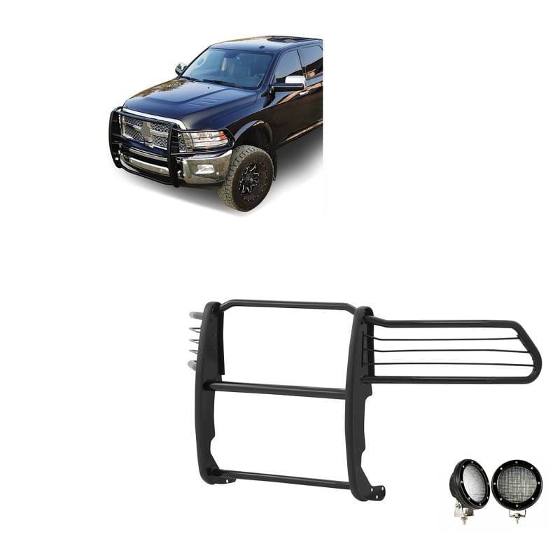 Black Horse Off Road Grille Guard With Set of 5.3".Black Trim Rings LED Flood Lights-Black-2500/3500 - 17DR01MA-PLFB