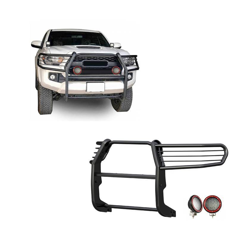 Black Horse Off Road Grille Guard With Set of 5.3" Red Trim Rings LED Flood Lights Black for 2016-2023 Toyota Tacoma - 17A096402MA-PLFR