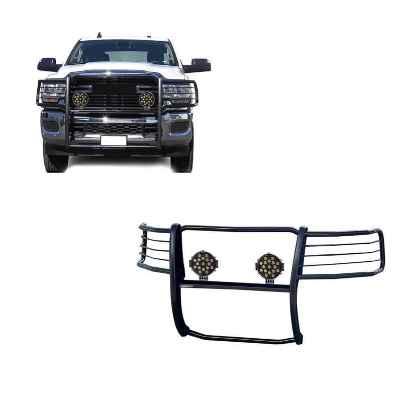 Black Horse Off Road Grille Guard With Set of 7.0" Black Trim Rings LED Flood Lights Black for 2500/3500 - 17DG113MA-PLB