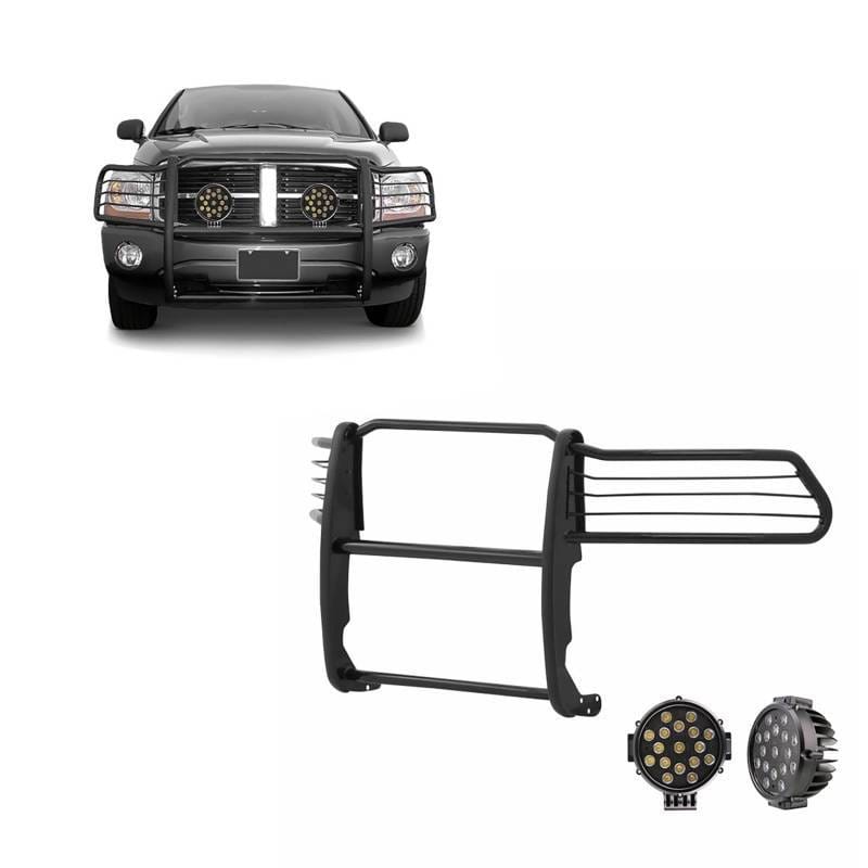 Black Horse Off Road Grille Guard With Set of 7.0" Black Trim Rings LED Flood Lights-Black-Ram 1500/Ram 2500/Ram 3500 - 17DG105MA-PLB