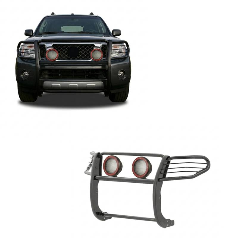 Black Horse Off Road Grille Guard With Set of 5.3" Red Trim Rings LED Flood Lights Black for Frontier/Pathfinder - 17A110200MA-PLFR