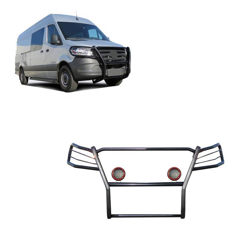 Black Horse Off Road Grille Guard With Set of 5.3" Red Trim Rings LED Flood Lights Black for Mercedes and Freightliner Sprinter - 17D503MA-PLFR