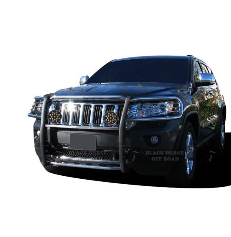 Black Horse Off Road Grille Guard With Set of 7.0" Black Trim Rings LED Flood Lights Stainless Steel for 2011-2021 Jeep Grand Cherokee - 17A080202MSS-PLB