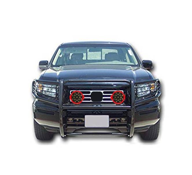 Black Horse Off Road Grille Guard With Set of 7.0" Red Trim Rings LED Flood Lights Black for 2006-2014 Honda Ridgeline - 17A152500A1MA-PLR