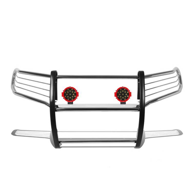 Black Horse Off Road Grille Guard With Set of 7.0" Red Trim Rings LED Flood Lights Stainless Steel for Frontier/Pathfinder - 17A110200MSS-PLR