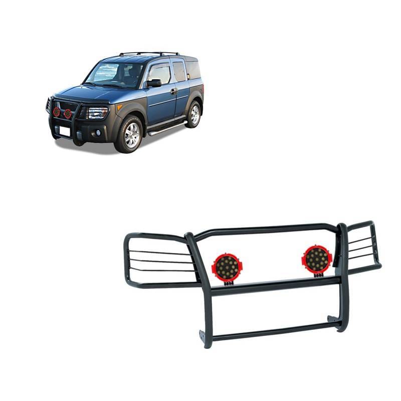 Black Horse Off Road Grille Guard With Set of 7.0" Red Trim Rings LED Flood Lights Black for 2003-2008 Honda Element - 17A155900MA-PLR