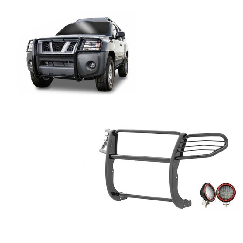 Black Horse Off Road Grille Guard With Set of 5.3" Red Trim Rings LED Flood Lights Black for 2005-2015 Nissan Xterra - 17A112100MA-PLFR