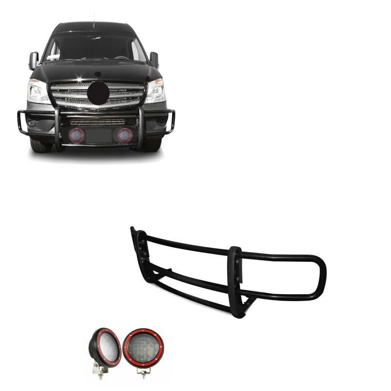 Black Horse Off Road SPARTAN Grille Guard With Set of 5.3" Red Trim Rings LED Flood Lights Black for Dodge,Mercedes and Freightliner Sprinter - 17D501MA-PLFR