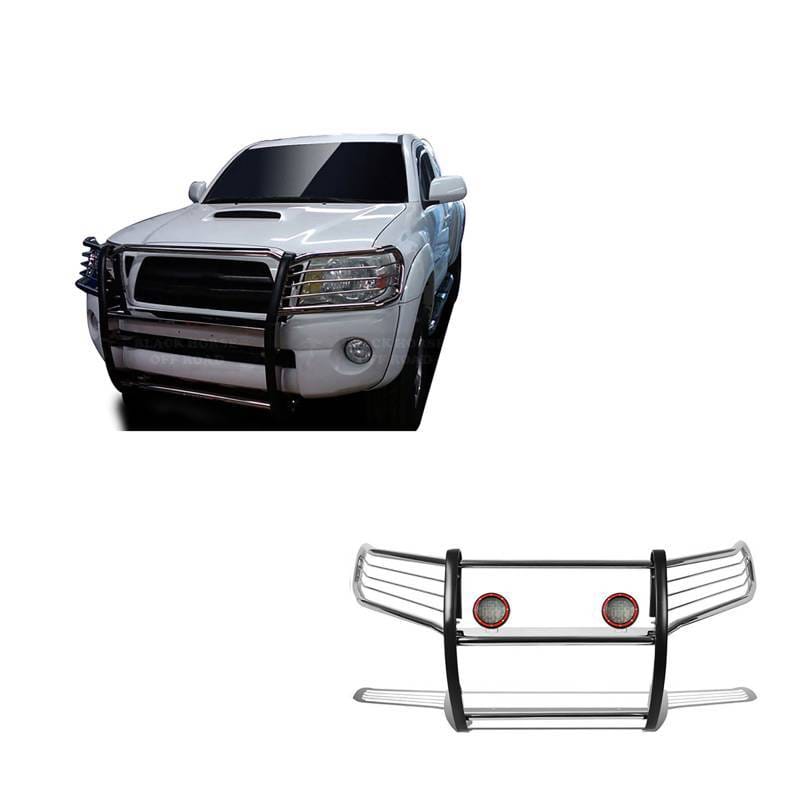 Black Horse Off Road Grille Guard With Set of 5.3" Red Trim Rings LED Flood Lights Stainless Steel for 2005-2015 Toyota Tacoma - 17A096400MSS-PLFR