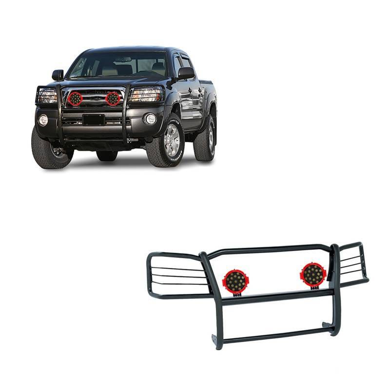 Black Horse Off Road Grille Guard With Set of 7.0" Red Trim Rings LED Flood Lights Black for 2005-2015 Toyota Tacoma - 17A096400MA-PLR