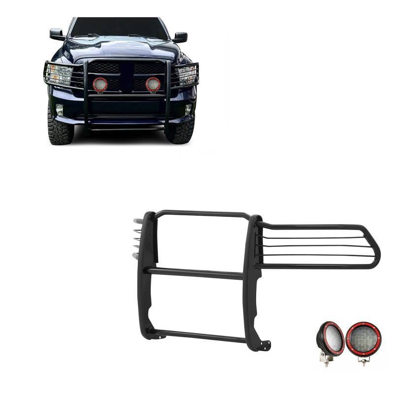 Black Horse Off Road Grille Guard With Set of 5.3" Red Trim Rings LED Flood Lights Black for Ram 1500/1500/1500 Classic - 17DG109MA-PLFR
