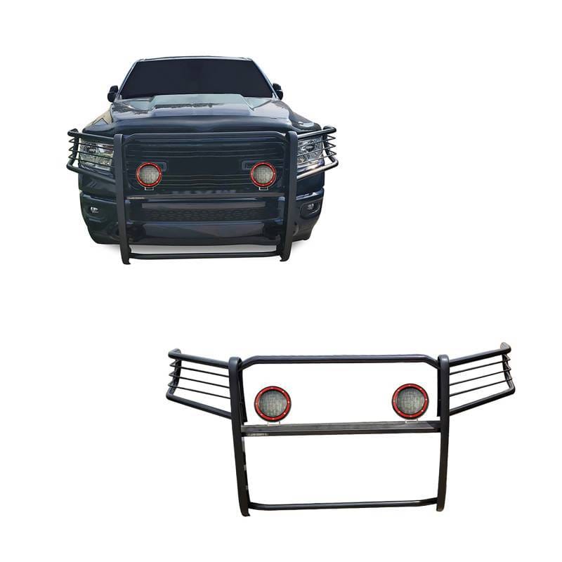 Black Horse Off Road Grille Guard With Set of 5.3" Red Trim Rings LED Flood Lights Black for 2019-2026 Ram 1500 - 17DG111MA-PLFR