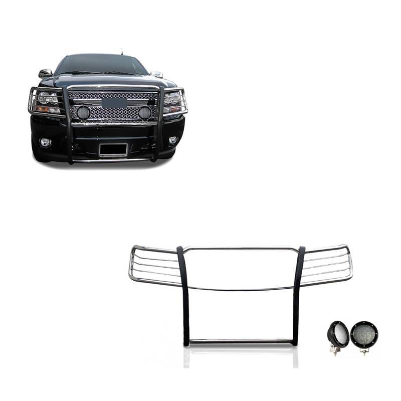 Black Horse Off Road Grille Guard With Set of 5.3".Black Trim Rings LED Flood Lights Stainless Steel for Avalanche/Suburban 1500/Tahoe - 17A037400MSS-PLFB