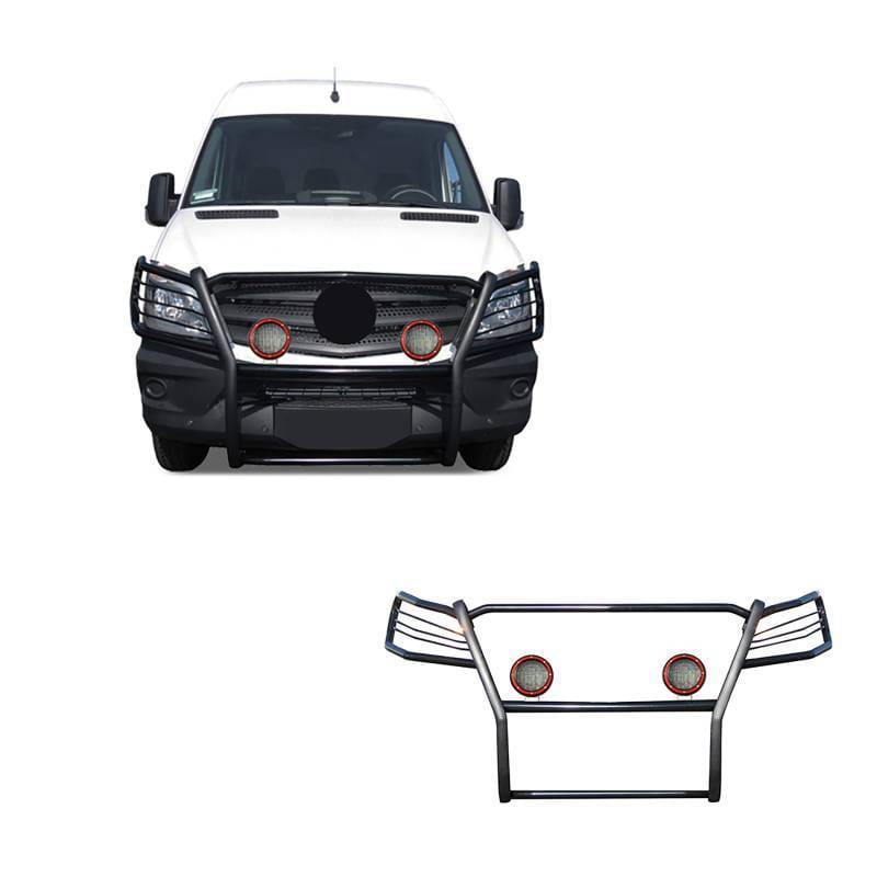 Black Horse Off Road Grille Guard With Set of 5.3" Red Trim Rings LED Flood Lights Black for Dodge,Mercedes and Freightliner Sprinter - 17D502MA-PLFR