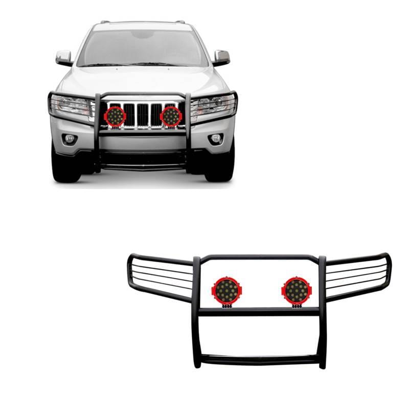 Black Horse Off Road Grille Guard With Set of 7.0" Red Trim Rings LED Flood Lights Black for 2005-2010 Jeep Grand Cherokee - 17A080200MA-PLR