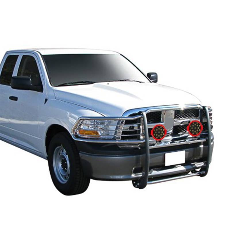 Black Horse Off Road Grille Guard With Set of 7.0" Red Trim Rings LED Flood Lights Stainless Steel for Ram 1500/1500/1500 Classic - 17DG109MSS-PLR