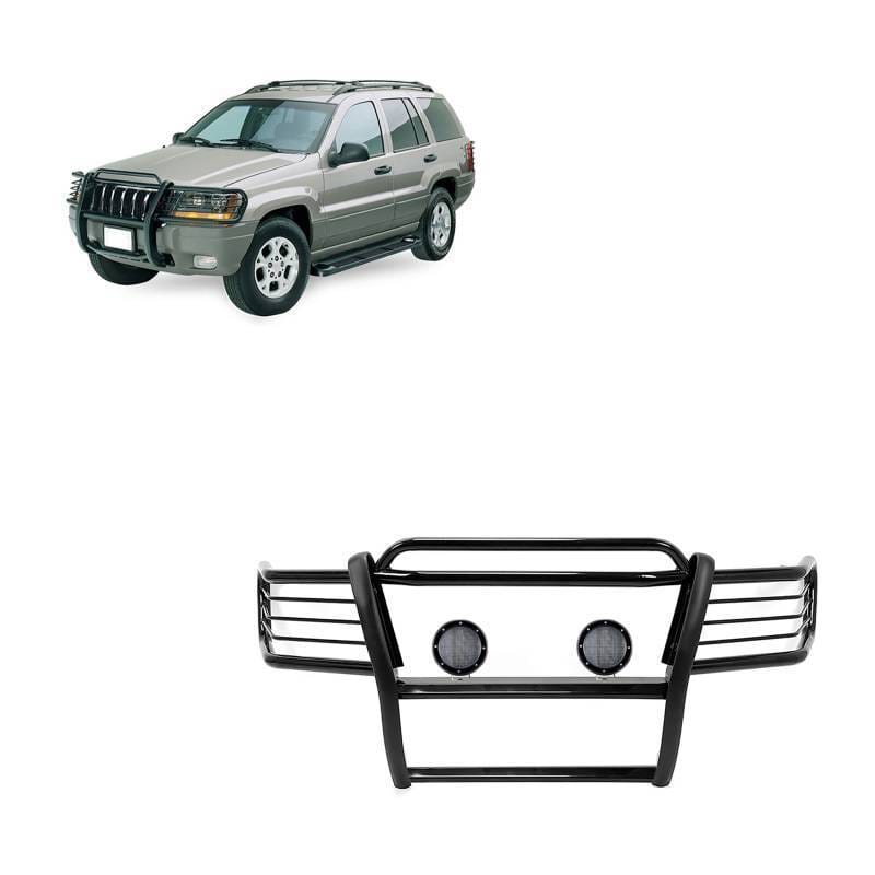 Black Horse Off Road Grille Guard With Set of 5.3".Black Trim Rings LED Flood Lights Black for 1999-2004 Jeep Grand Cherokee - 17EB26MA-PLFB