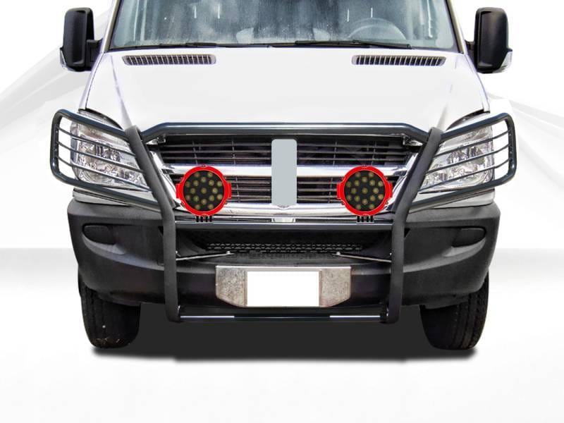 Black Horse Off Road Grille Guard With Set of 7.0" Red Trim Rings LED Flood Lights Black for Dodge,Mercedes and Freightliner Sprinter - 17D502MA-PLR