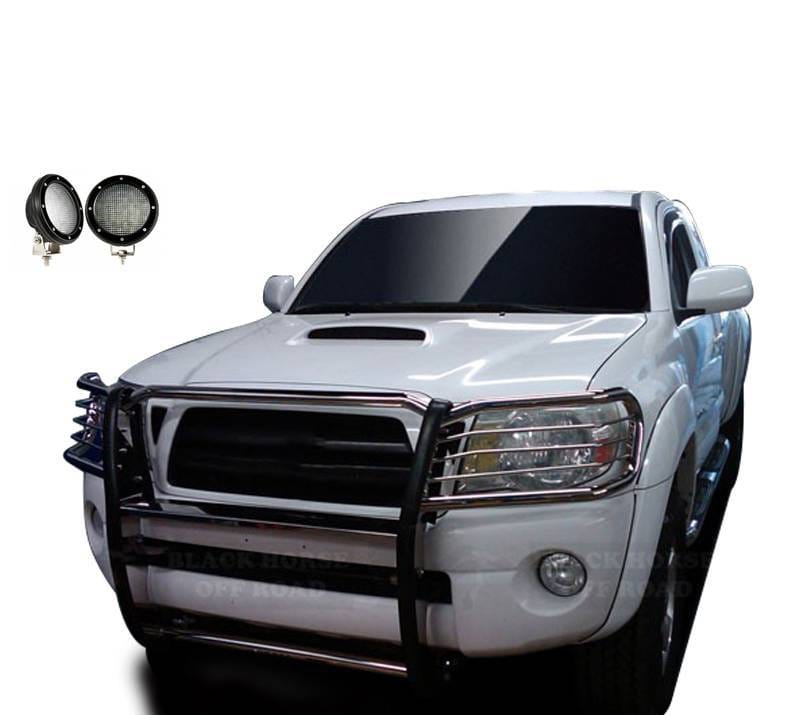 Black Horse Off Road Grille Guard With Set of 5.3".Black Trim Rings LED Flood Lights Stainless Steel for 2005-2015 Toyota Tacoma - 17A096400MSS-PLFB