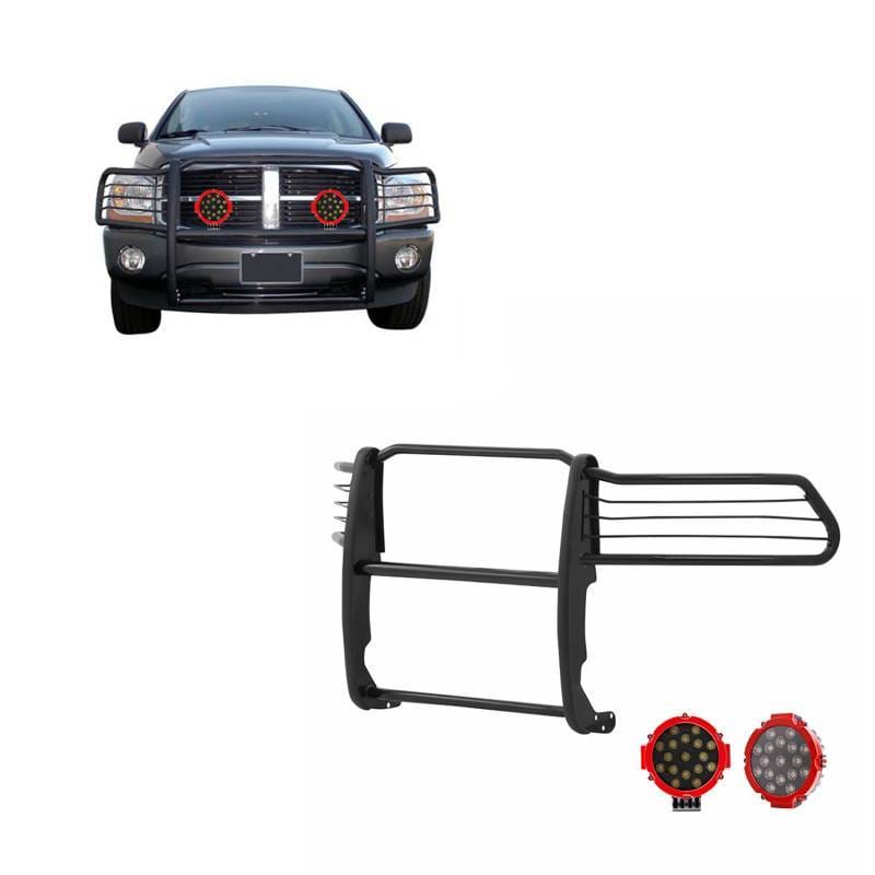 Black Horse Off Road Grille Guard With Set of 7.0" Red Trim Rings LED Flood Lights Black for Ram 1500/Ram 2500/Ram 3500 - 17DG100MA-PLR