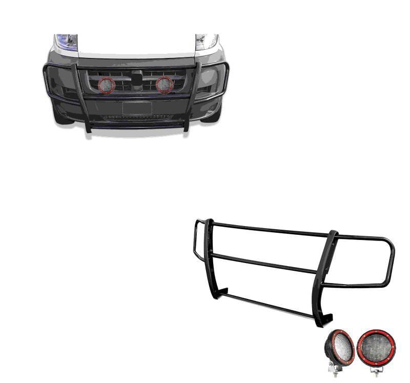 Black Horse Off Road SPARTAN Grille Guard With Set of 5.3" Red Trim Rings LED Flood Lights Black for Promaster 1500/Promaster 2500/Promaster 3500 - 17DOPRMA-PLFR