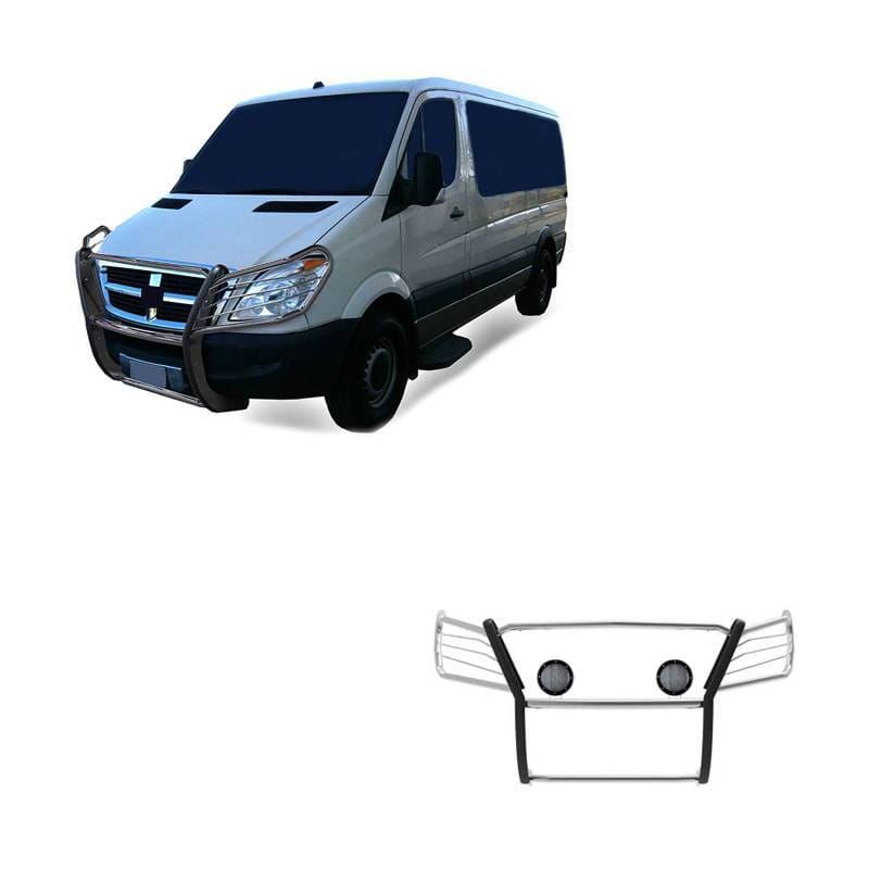 Black Horse Off Road Grille Guard With Set of 5.3".Black Trim Rings LED Flood Lights Stainless Steel for Dodge,Mercedes and Freightliner Sprinter - 17D502MSS-PLFB