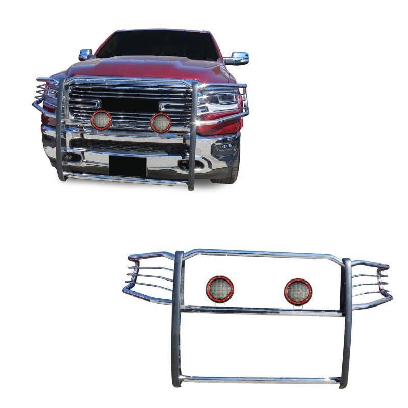 Black Horse Off Road Grille Guard With Set of 5.3" Red Trim Rings LED Flood Lights Stainless Steel for 2019-2025 Ram 1500 - 17DG111MSS-PLFR