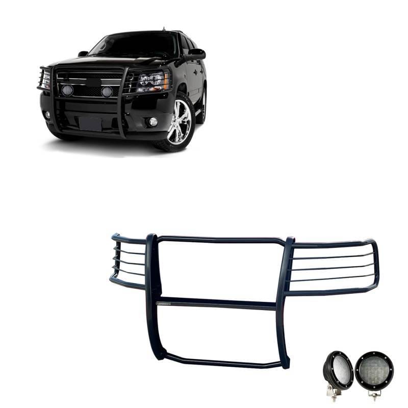 Black Horse Off Road Grille Guard With Set of 5.3".Black Trim Rings LED Flood Lights Black for Avalanche/Suburban 1500/Tahoe - 17A037400MA-PLFB