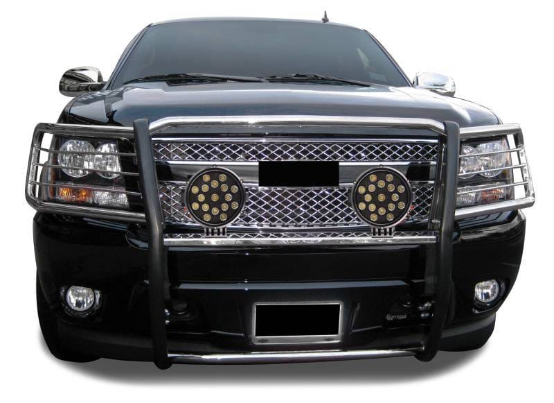 Black Horse Off Road Grille Guard With Set of 7.0" Black Trim Rings LED Flood Lights Stainless Steel for Avalanche/Suburban 1500/Tahoe - 17A037400MSS-PLB