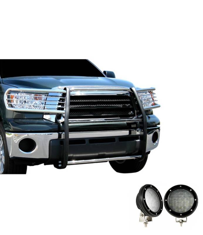 Black Horse Off Road Grille Guard With Set of 5.3".Black Trim Rings LED Flood Lights Stainless Steel for Sequoia/Tundra - 17A098900MSS-PLFB