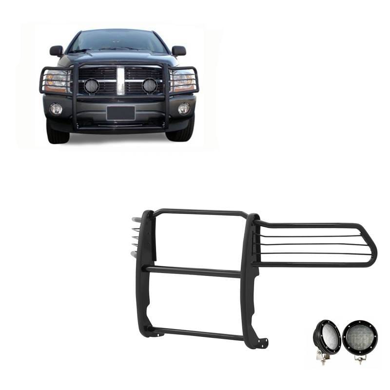 Black Horse Off Road Grille Guard With Set of 5.3".Black Trim Rings LED Flood Lights Black for Ram 1500/Ram 2500/Ram 3500 - 17DG100MA-PLFB