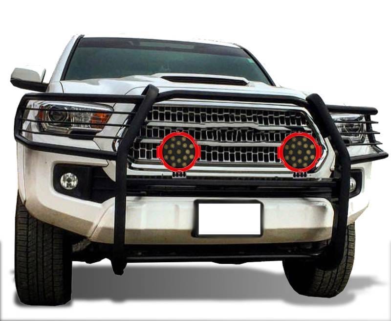 Black Horse Off Road Grille Guard With Set of 7.0" Red Trim Rings LED Flood Lights Black for 2016-2023 Toyota Tacoma - 17A096402MA-PLR