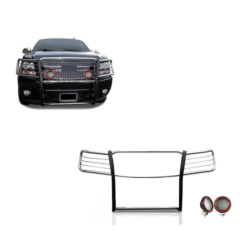 Black Horse Off Road Grille Guard With Set of 5.3" Red Trim Rings LED Flood Lights Stainless Steel for Avalanche/Suburban 1500/Tahoe - 17A037400MSS-PLFR