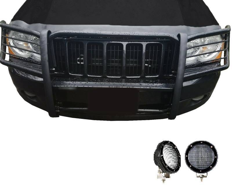 Black Horse Off Road Grille Guard With Set of 5.3".Black Trim Rings LED Flood Lights Black for 2005-2010 Jeep Grand Cherokee - 17A080200MA-PLFB