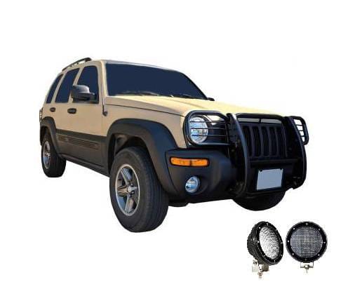 Black Horse Off Road Grille Guard With Set of 5.3".Black Trim Rings LED Flood Lights Black for 2002-2007 Jeep Liberty - 17EH26MA-PLFB