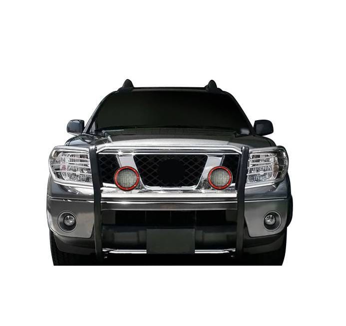 Black Horse Off Road Grille Guard With Set of 5.3" Red Trim Rings LED Flood Lights Stainless Steel for Frontier/Pathfinder - 17A110200MSS-PLFR
