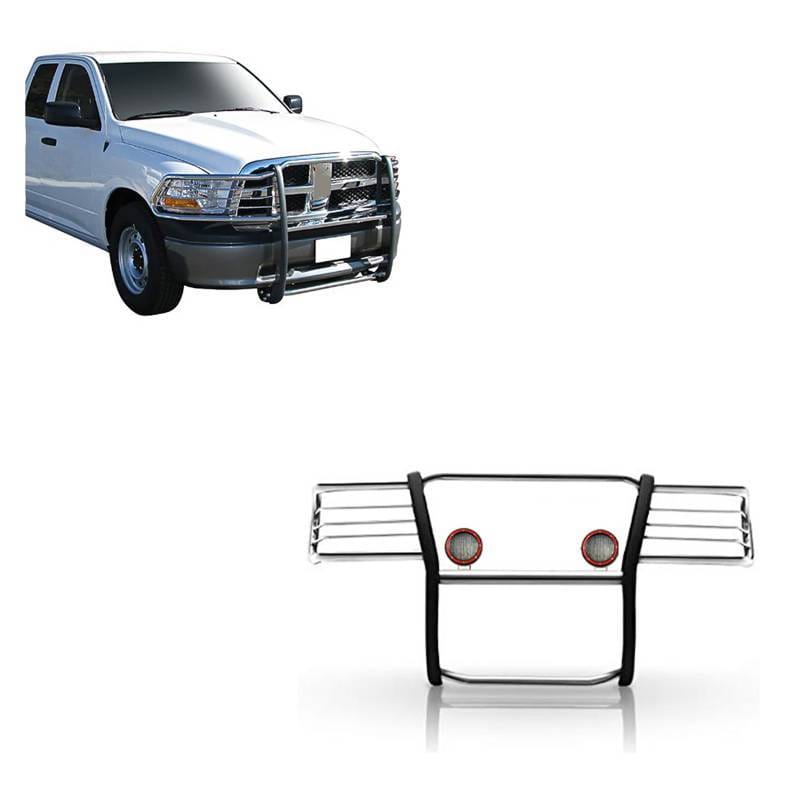Black Horse Off Road Grille Guard With Set of 5.3" Red Trim Rings LED Flood Lights Stainless Steel for Ram 1500/1500/1500 Classic - 17DG109MSS-PLFR