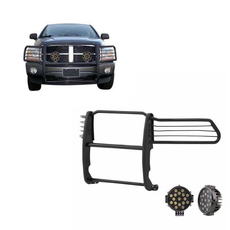 Black Horse Off Road Grille Guard With Set of 7.0" Black Trim Rings LED Flood Lights Black for Ram 1500/Ram 2500/Ram 3500 - 17DG100MA-PLB