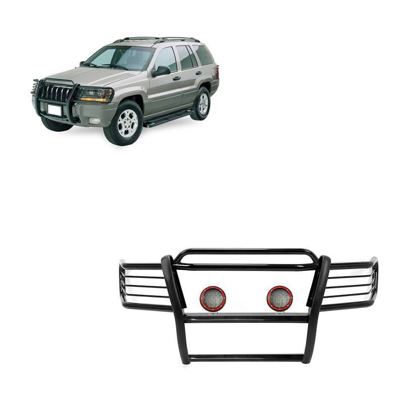 Black Horse Off Road Grille Guard With Set of 5.3" Red Trim Rings LED Flood Lights Black for 1999-2004 Jeep Grand Cherokee - 17EB26MA-PLFR