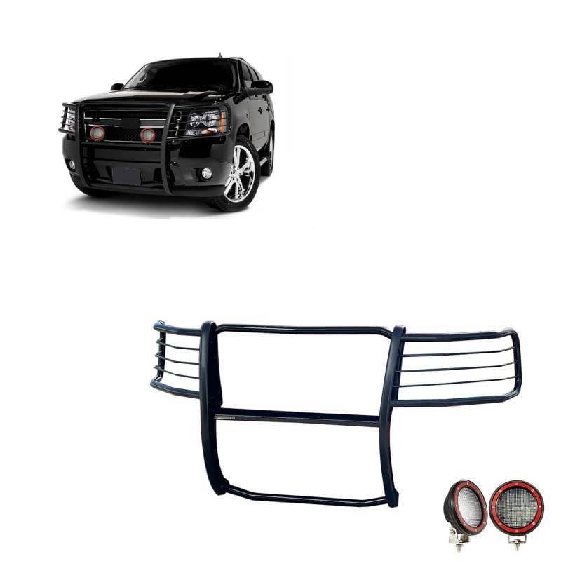 Black Horse Off Road Grille Guard With Set of 5.3" Red Trim Rings LED Flood Lights Black for Avalanche/Suburban 1500/Tahoe - 17A037400MA-PLFR