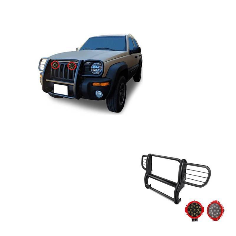 Black Horse Off Road Grille Guard With Set of 7.0" Red Trim Rings LED Flood Lights Black for 2002-2007 Jeep Liberty - 17EH26MA-PLR
