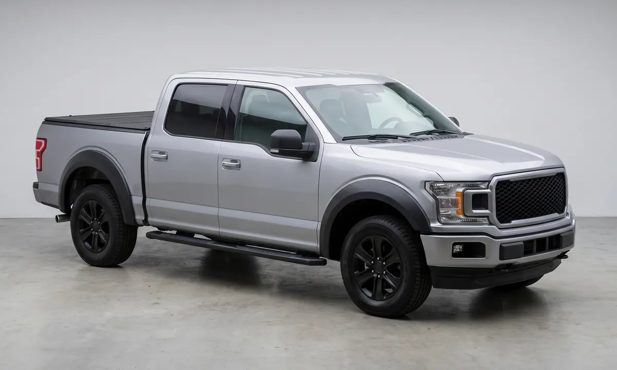 Silver crew cab pickup with black fender flares, running boards and a hard folding tonneau cover