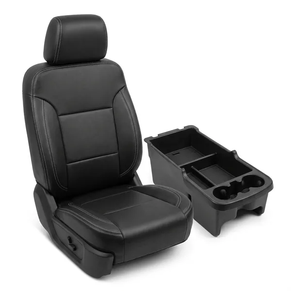 Black leather-look seat covers and a center console organizer
