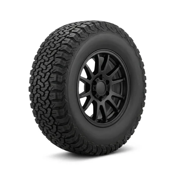 Black alloy truck wheel in an all-terrain tire